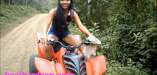  HD Heather Deep 4 wheeling on scary fast quad and Peeing next to horses in the jungle
